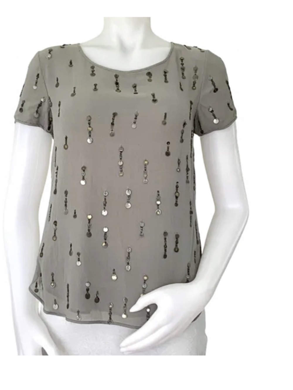 Vintage Theory Baji grey gray sheer silk short sleeve blouse metal disc sequins